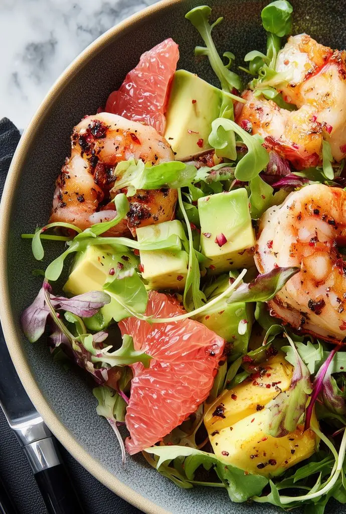 salade d'avocats et pamplemousses aux crevettes
