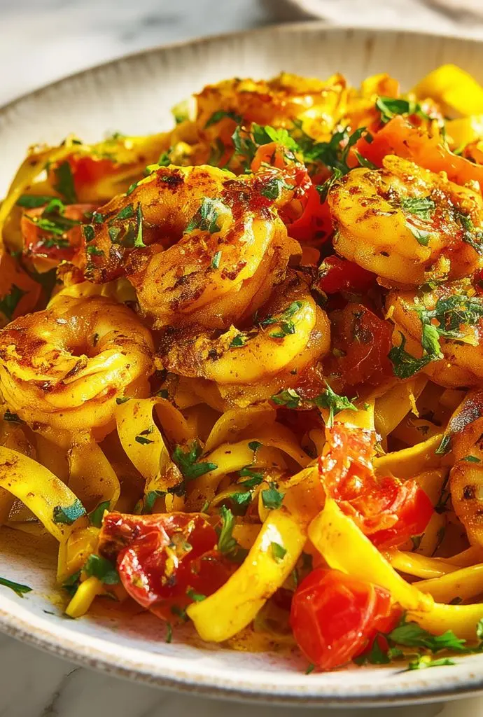 Tagliatelles aux crevettes sauce curry